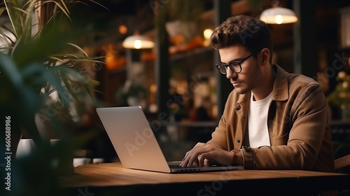 Young man working on laptop in cafe. Designer freelancer or student work on computer laptop at table. AI Generative