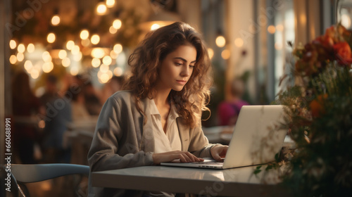 Young woman working on laptop in cafe. Designer, freelancer or student work on computer laptop at table,. AI Generative
