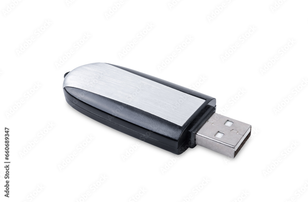 Black and silver flash drive on a white isolated background Black and silver flash drive on a white isolated background