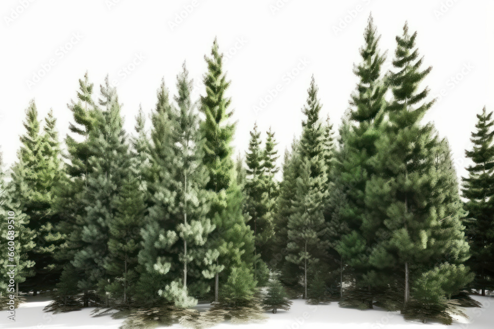 A peaceful winter forest with a row of snow-covered trees on a white background is AI Generative.