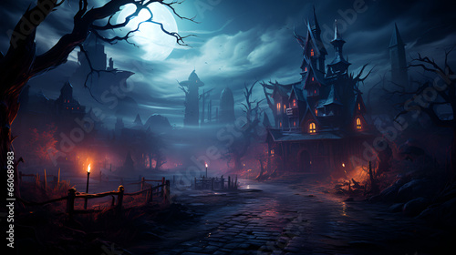 Wooden creepy castle in the evening . The Haunted House.Mystical Halloween scene