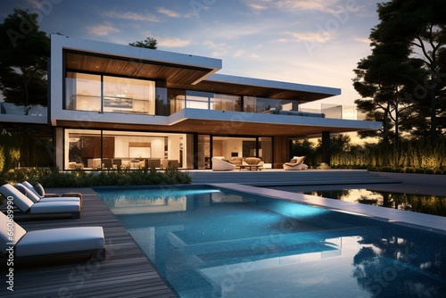 Elegant home with sleek exterior and pool. Generative AI © Michael