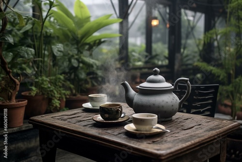 A tea set arranged on an outdoor table with potted plants and a steaming pot of tea and cup. Generative AI