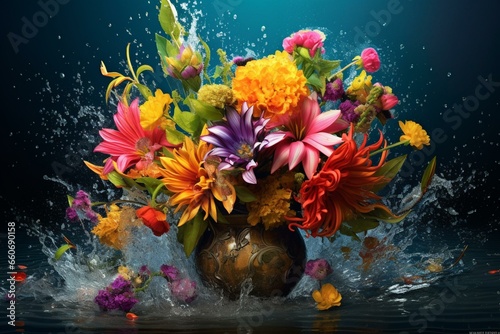 vibrant floral arrangement amid vibrant water splashes  against a plain background. Generative AI
