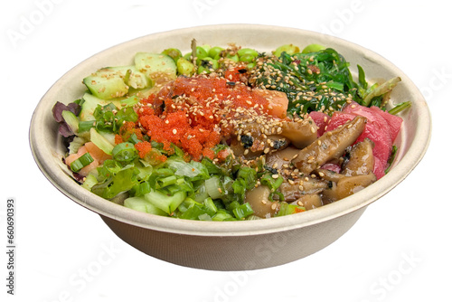 poke bowl isolated on white background (hawaiian seafood dish) with masago, pickled shiitake, salmon sashimi, spicy tuna, cucumber, edamame soybeans, marinated radish, wakame seaweed salad) cut out