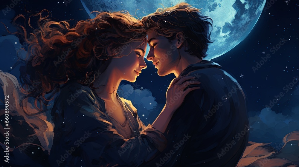 Boy and girl at night together, big moon in the sky, love. Beautiful ...