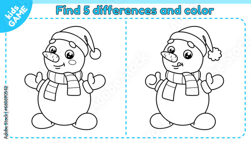 Kids game Find 5 differences with cartoon snowman in scarf and red santa claus hat. Compare and spot different details. Coloring page. Educational game for children. Black and white outline vector.