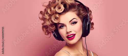 happy smiling woman relaxing, singing playing karaoke app in earphones on pink background.