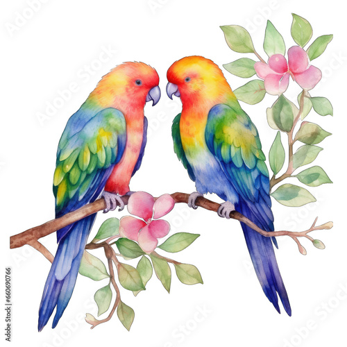 Colorful love birds perched on a tree branch, isolated on white background transparent