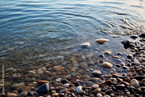 Calm water ripples on pebbled shore. Generative AI