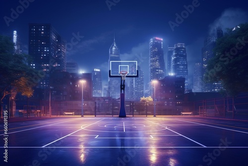 Stunning street basketball court in urban night setting, featuring an outdoor sports playground with a hoop on a shield, against a dark cityscape background. Generative AI © Jethro