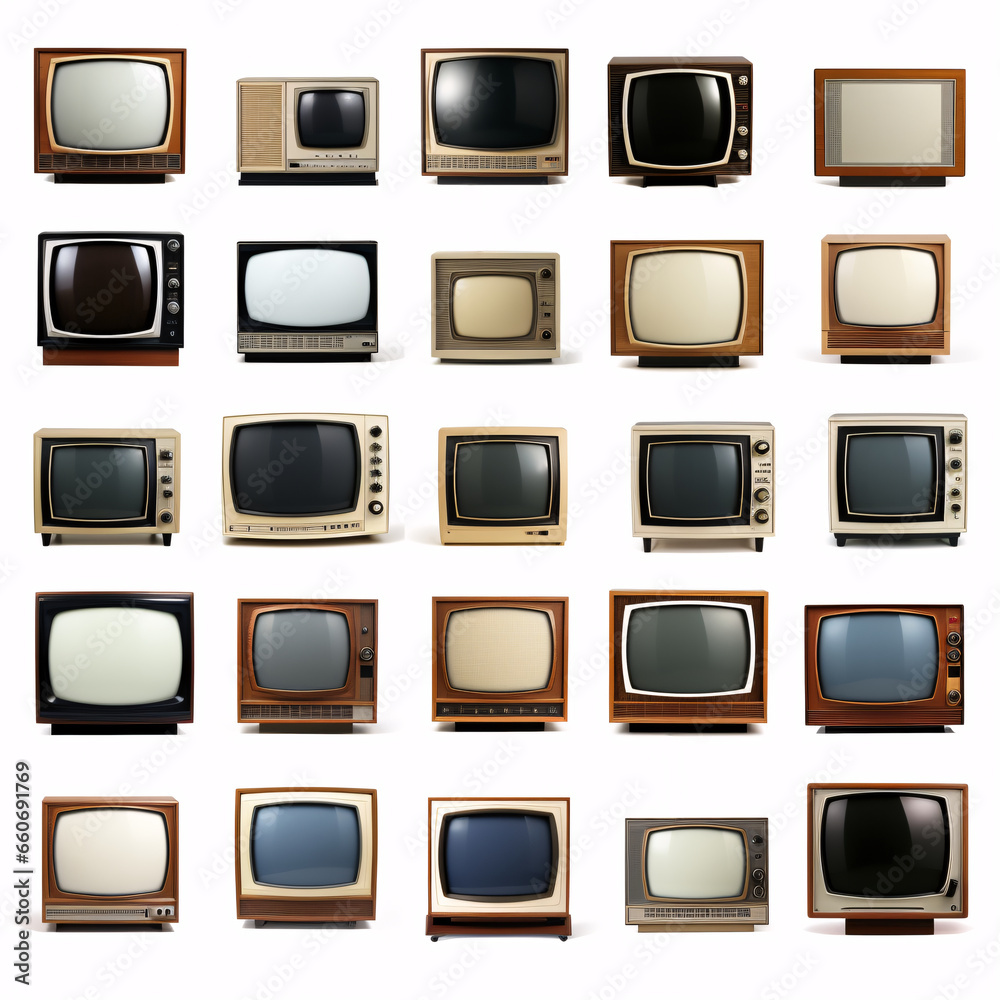 25 screens; a depiction of various vintage television tube sets showing
