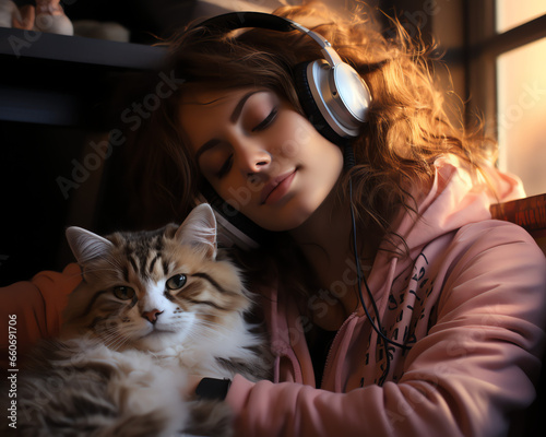 Frau mit Kopfhörern und Katze