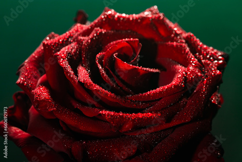 Blooming red rose bud in water drops and mist close-up on a black background