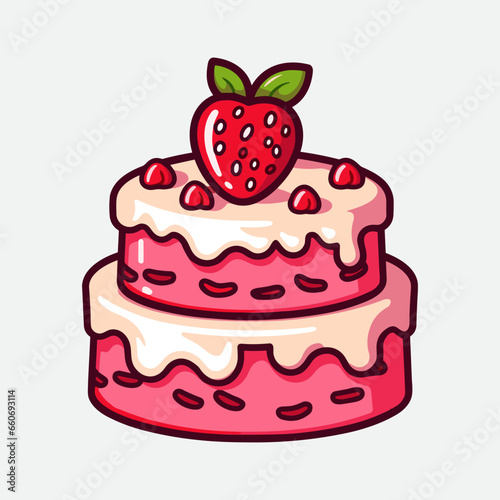 Vector colorful sweet cake isolated on white or transparent background. Cute birthday cake decorated with cream topping, fruit.