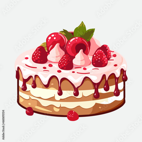 Vector colorful sweet cake isolated on white or transparent background. Cute birthday cake decorated with cream topping  fruit.