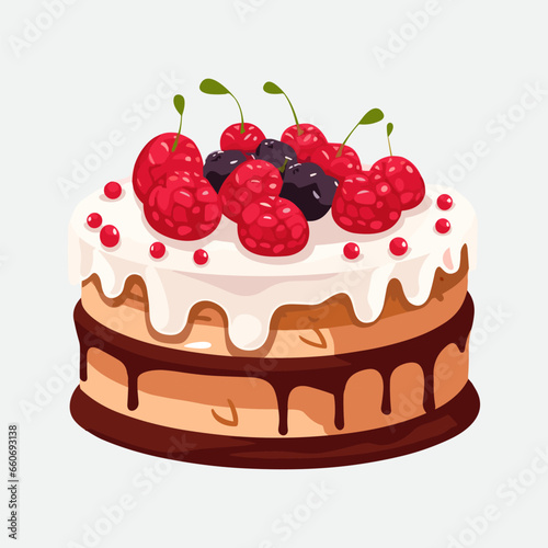 Vector colorful sweet cake isolated on white or transparent background. Cute birthday cake decorated with cream topping, fruit.