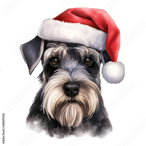 Schnauzerdog wearing a santa hat for Christmas, isolated on white background © MelissaMN