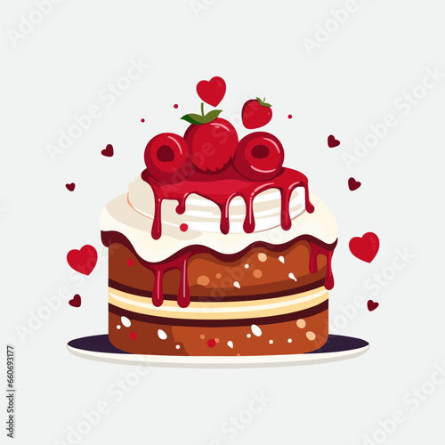 Vector colorful sweet cake isolated on white or transparent background. Cute birthday cake decorated with cream topping, fruit.