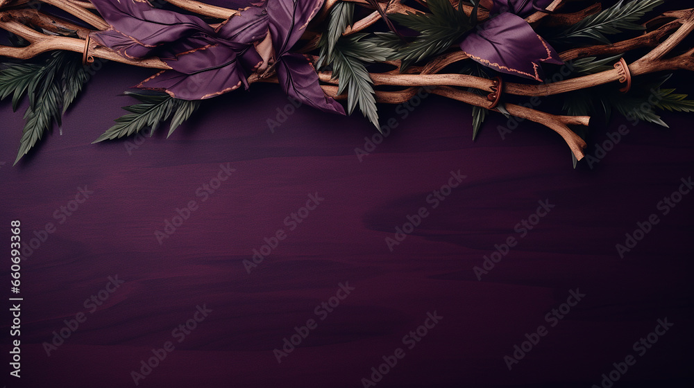 
Fronteira de cruz de madeira, coroa de espinhos e folhas de palmeira sobre fundo de tecido roxo escuro - obrazy, fototapety, plakaty 
