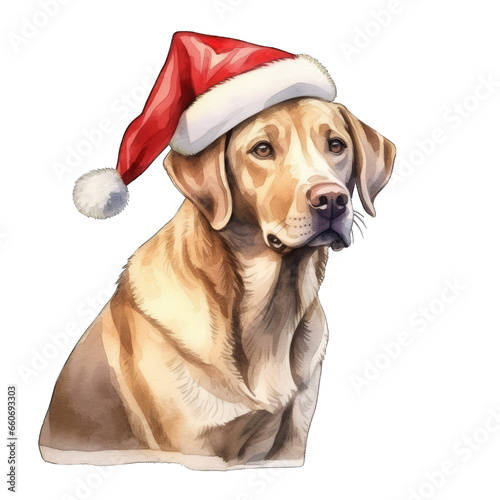 Yellow Labrador Retriever dog wearing a santa hat for Christmas, isolated on white background © MelissaMN