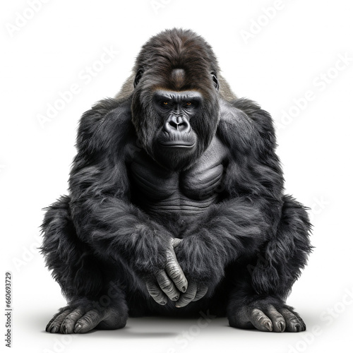 gorilla sitting and thinking on a white background