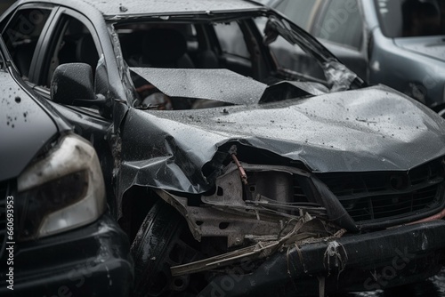 Damaged vehicles from a car crash. Generative AI © Gwenda