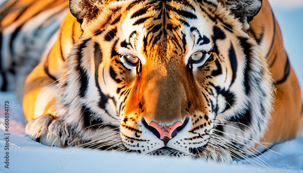 Obraz premium Tigre siberiano descansando en la nieve.