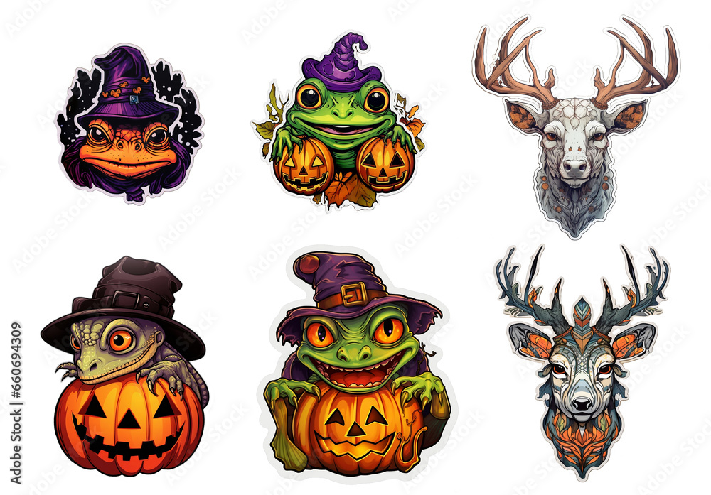 Set up sticker of frogs, lizards and deers on transparent background, halloween, witch, pumpkin, cat, holiday, magic, wizard, animal, costume, horror, black, bat, fashion, autumn. Generative AI.