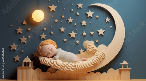 Dreamy 3D Kids' Illustration: Sleeping Baby Under the Moon - Ideal Poster for Baby Room or Bedroom, Whimsical Childish Greeting Card