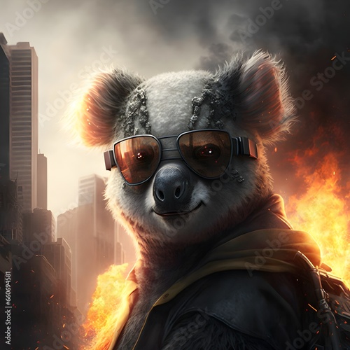 Koala animal with glasses on his face wearing batman clothes buildings on fire hyper realistic epic cinematic cinematic lighting ultra HD attention to details 32K 