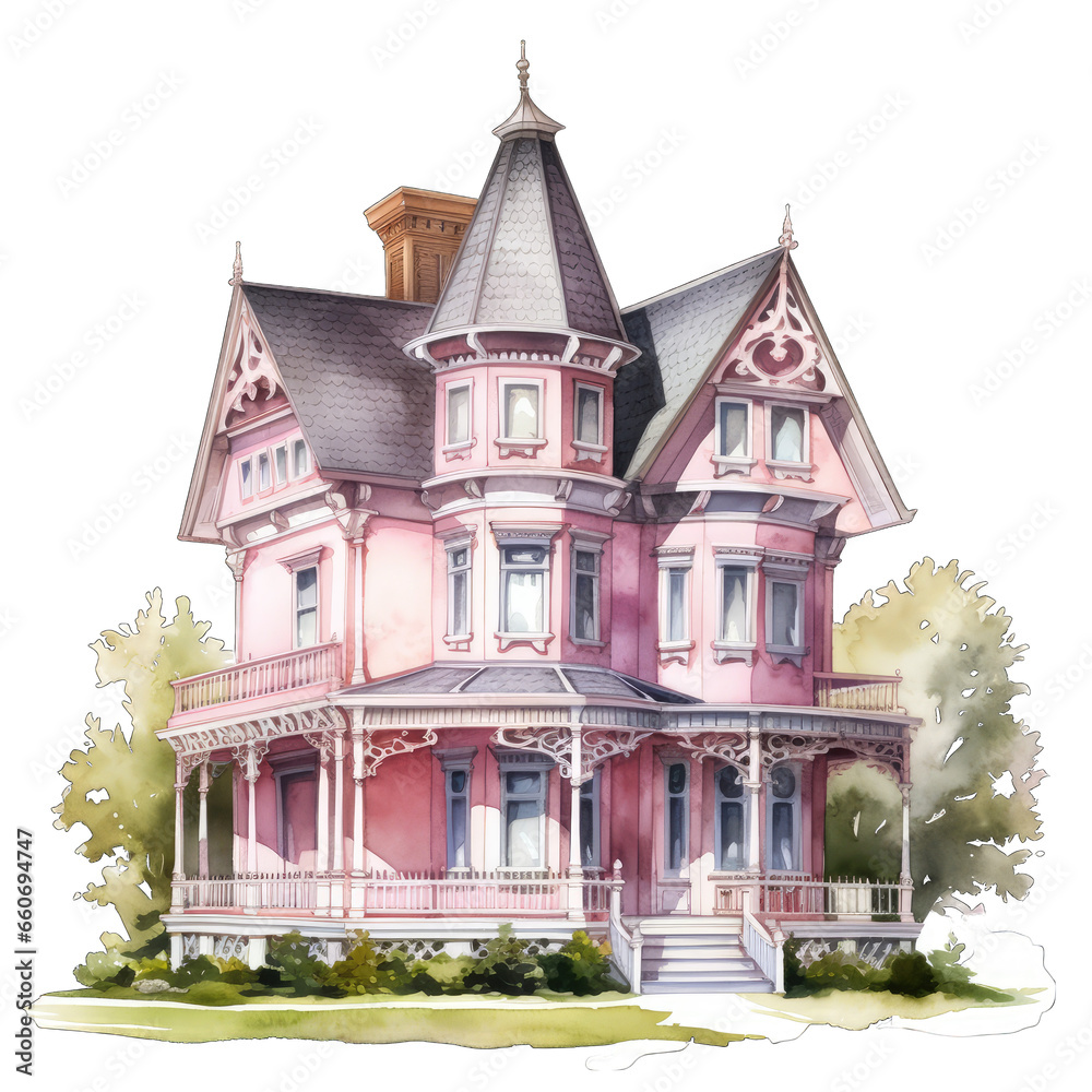 Pink Victorian facade of a house, isolated on transparent white background