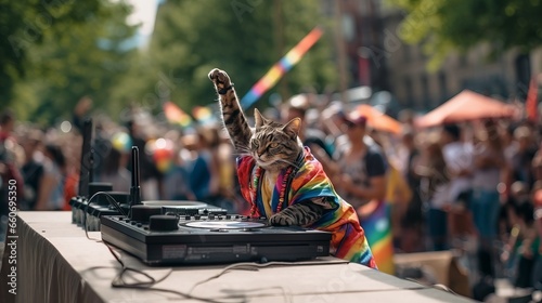 cat djing in front of many people