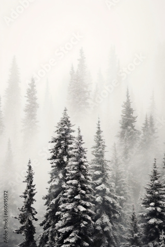 Pine trees in the fog - dark forest with dramatic light - generative AI