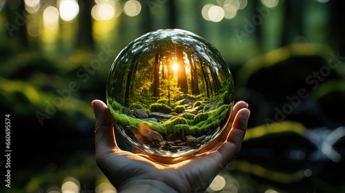 hand holding the crystal ball inside a forest