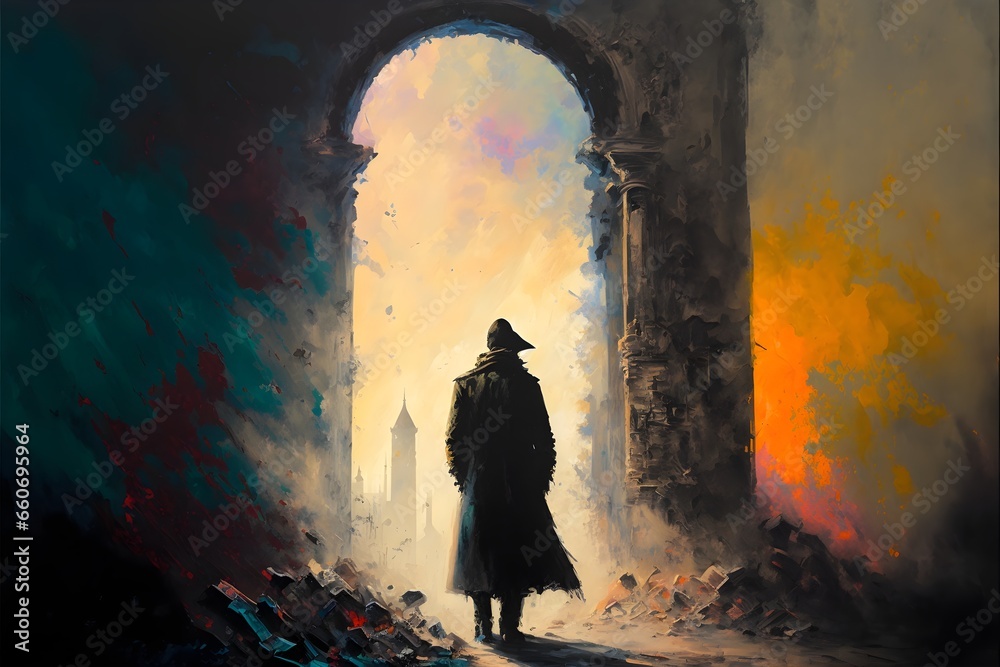 pallette knife oil painting muted colors man in a long dark torn coat15 walks through the ruins of Roman Triumphal Arch smoke by Zdislaw Beksinski 