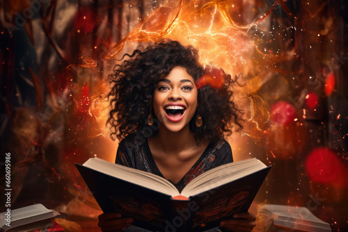 cheerful black girl reads literature. magic and imagination from learning. the woman is delighted with the training