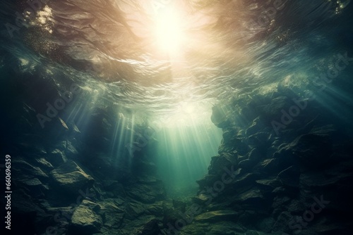 Mystical underwater abyss with dark ocean waves, stormy mysteries, and ethereal sun rays illuminating deep ocean depths. Generative AI