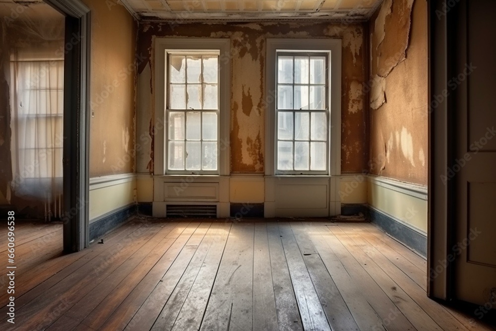 Window in vacant chamber, aged residential edifice, with hardwood floor. Generative AI
