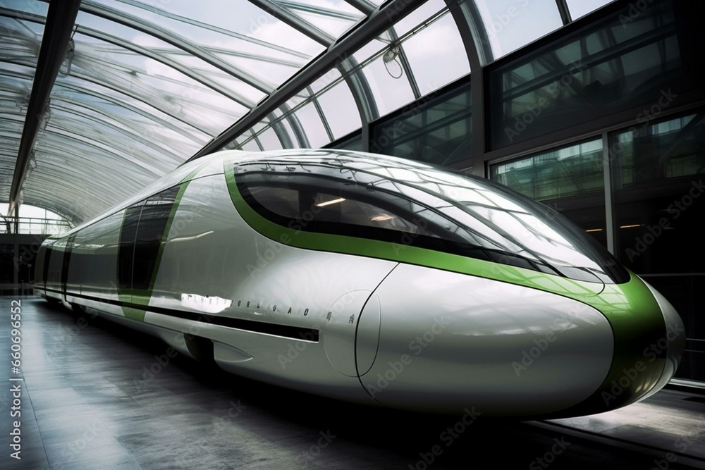 Clean, futuristic train powered by eco-friendly technology. Generative AI