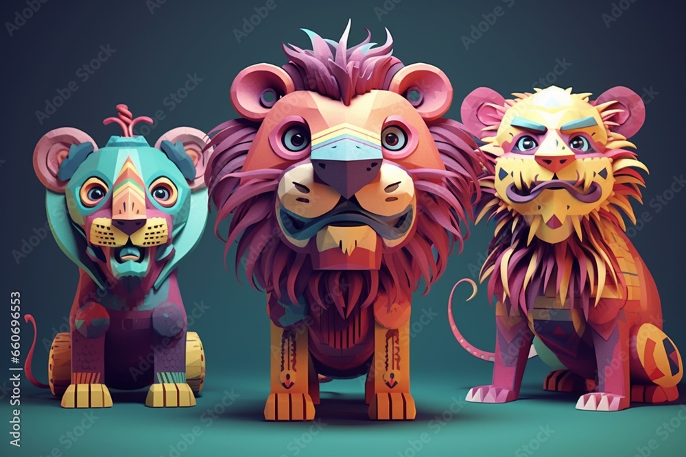 Playful character designs: 5 unique lion illustrations with a courageous demeanor and captivating features. Vibrant, intricate, and stylized 3D visuals with expressive details. Generative AI