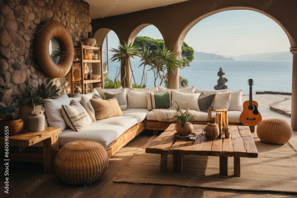 Boho living room combining beachy and bohemian elements