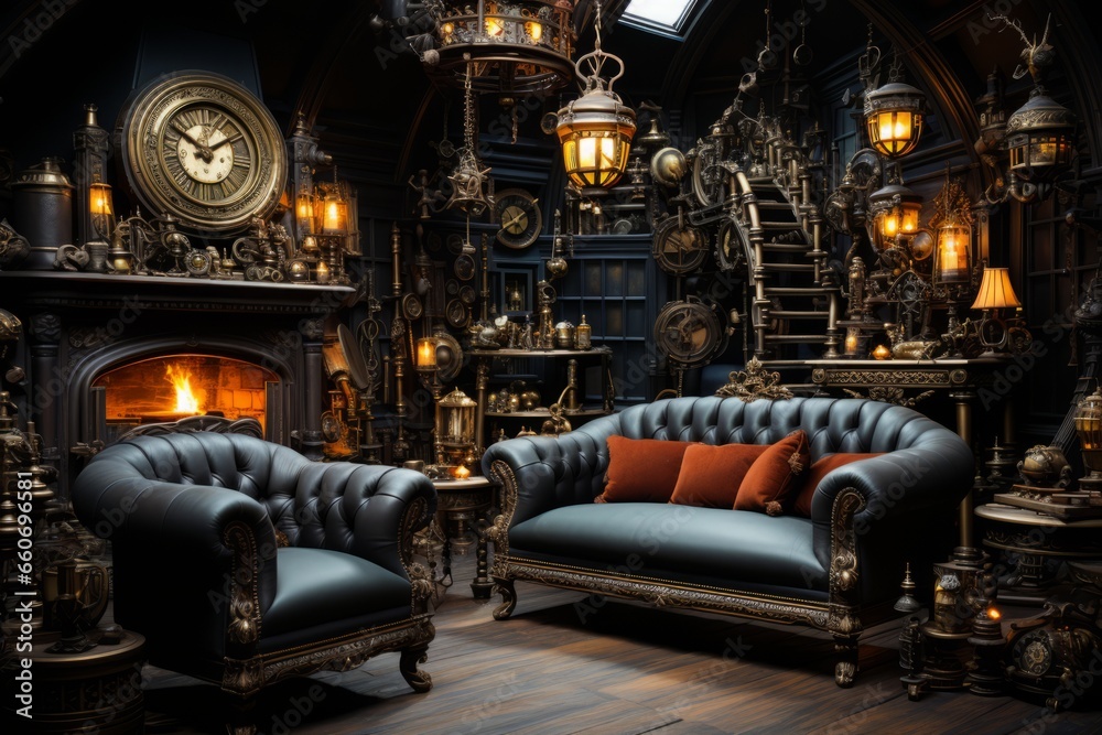 Steampunk living room with industrial Victorian - era aesthetics and vintage machinery - obrazy, fototapety, plakaty 