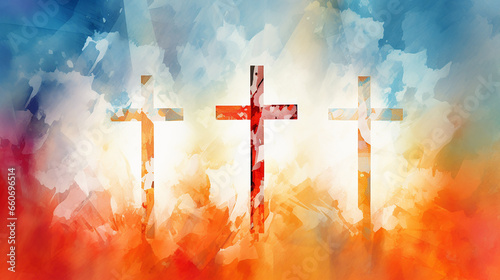 Projeto de fundo de Páscoa de três cruzes brancas no fundo do nascer do sol em aquarela em vermelho laranja e azul, design de feriado cristão religioso photo