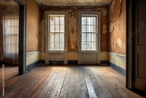 Window in vacant chamber, aged residential edifice, with hardwood floor. Generative AI