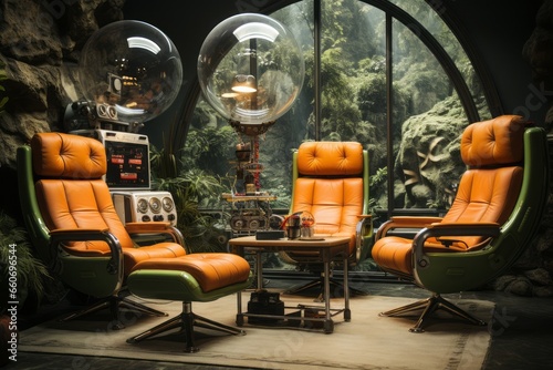 Sci-Fi living room with vintage gadgets and space - age decor