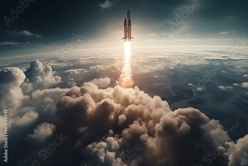 Rocket launch into space amidst clouds and stars. Background empty. Provided by NASA. Generative AI