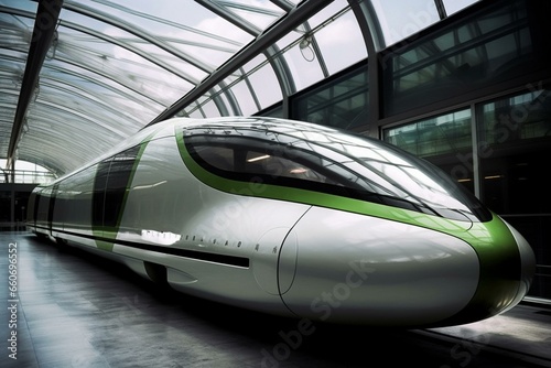 Clean, futuristic train powered by eco-friendly technology. Generative AI