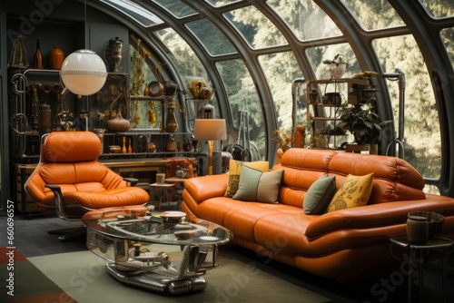Sci-Fi living room with vintage gadgets and space - age decor