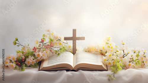 Photo Bíblia Sagrada, cruz e flores sobre fundo claro com espaço para texto